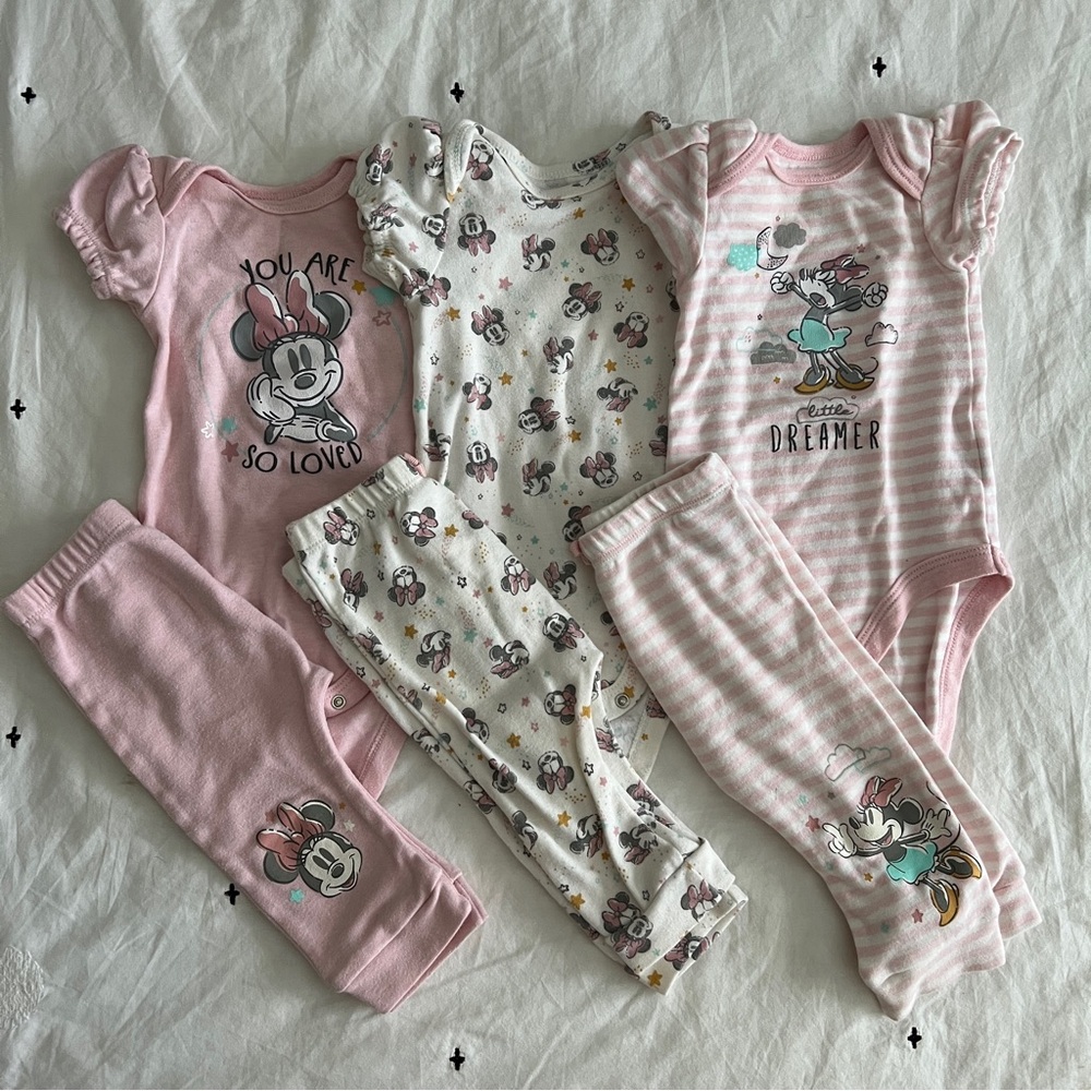 Disney Baby Pink Minnie Mouse Onesie 6 Piece Mix Match Bundle Set Puff Sleeves - Picture 3 of 10